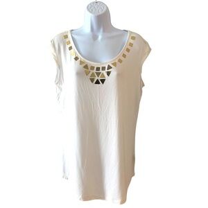 Worthington Sz Large White Sleeveless Gold Jewel Embellished Bling Tank top